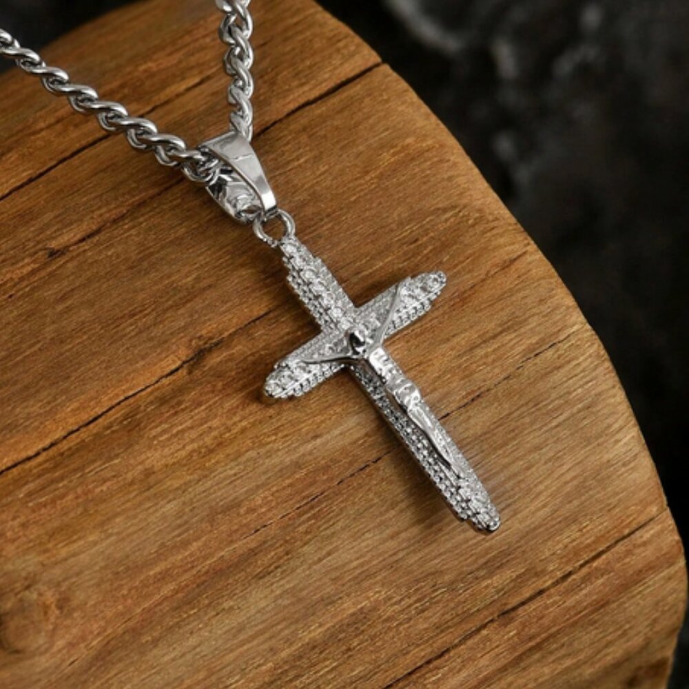 925 Sterling Silver 24" Mens 1ct Diamond Cross Necklace Guys Christian Jewelry